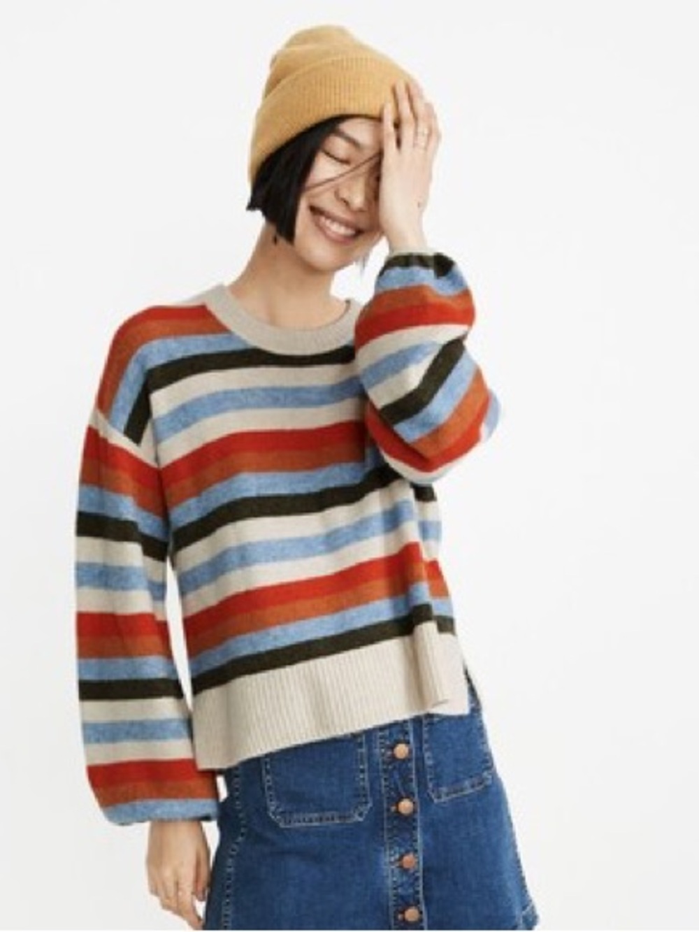 Madewell Sweater Striped Blue Red Cream Balloon Sleeve Medium M